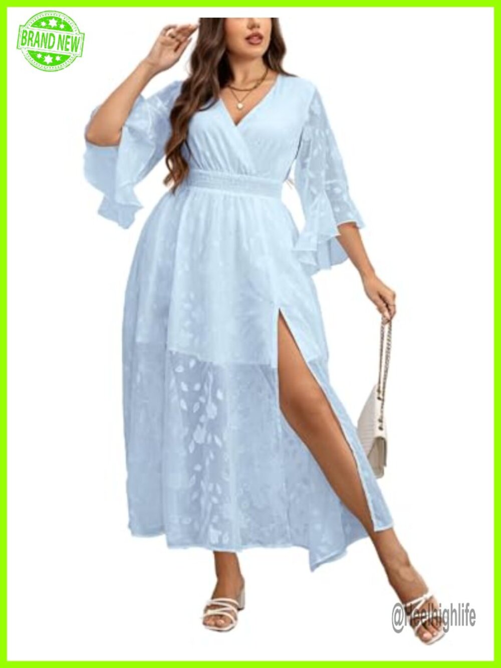 Plus Size Maxi Dress Ruffle Bell Sleeve V Neck A Line Empire Waist with Slit